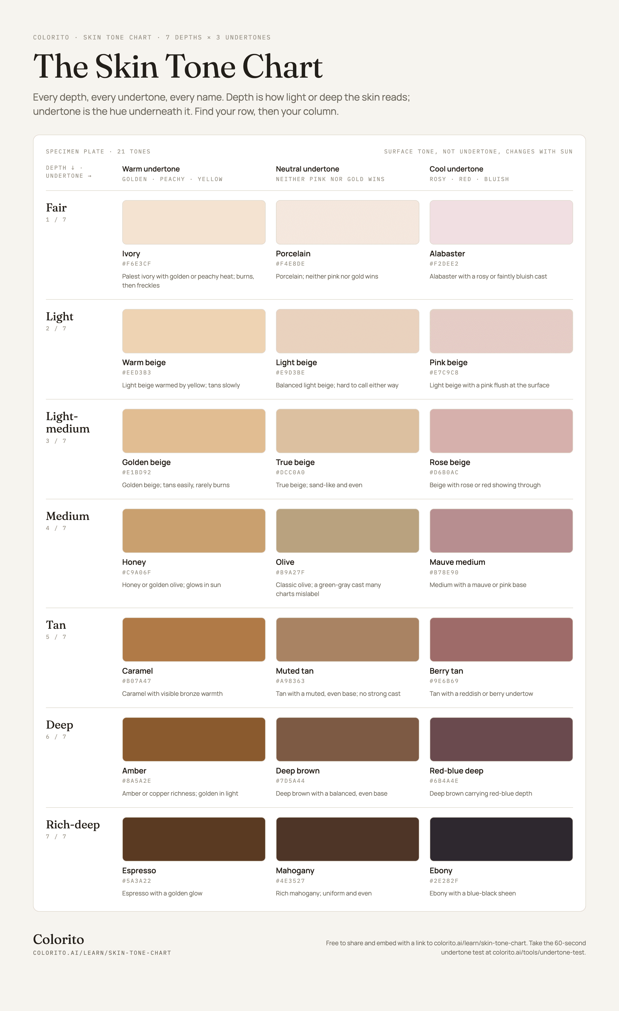 Skin tone chart: seven depth levels from fair to rich-deep, each shown with a warm, neutral, and cool undertone swatch, named and labeled with its hex value